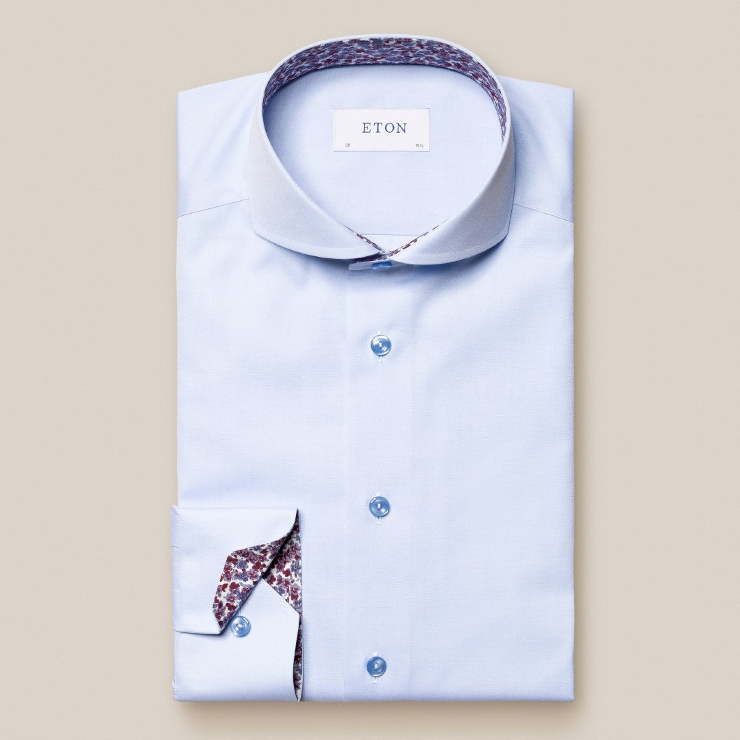 Eton Slim Fit Floral Accents Poplin Shirt Light Blue-MALFORD OF LONDON SAVILE ROW MENSWEAR OUTLET