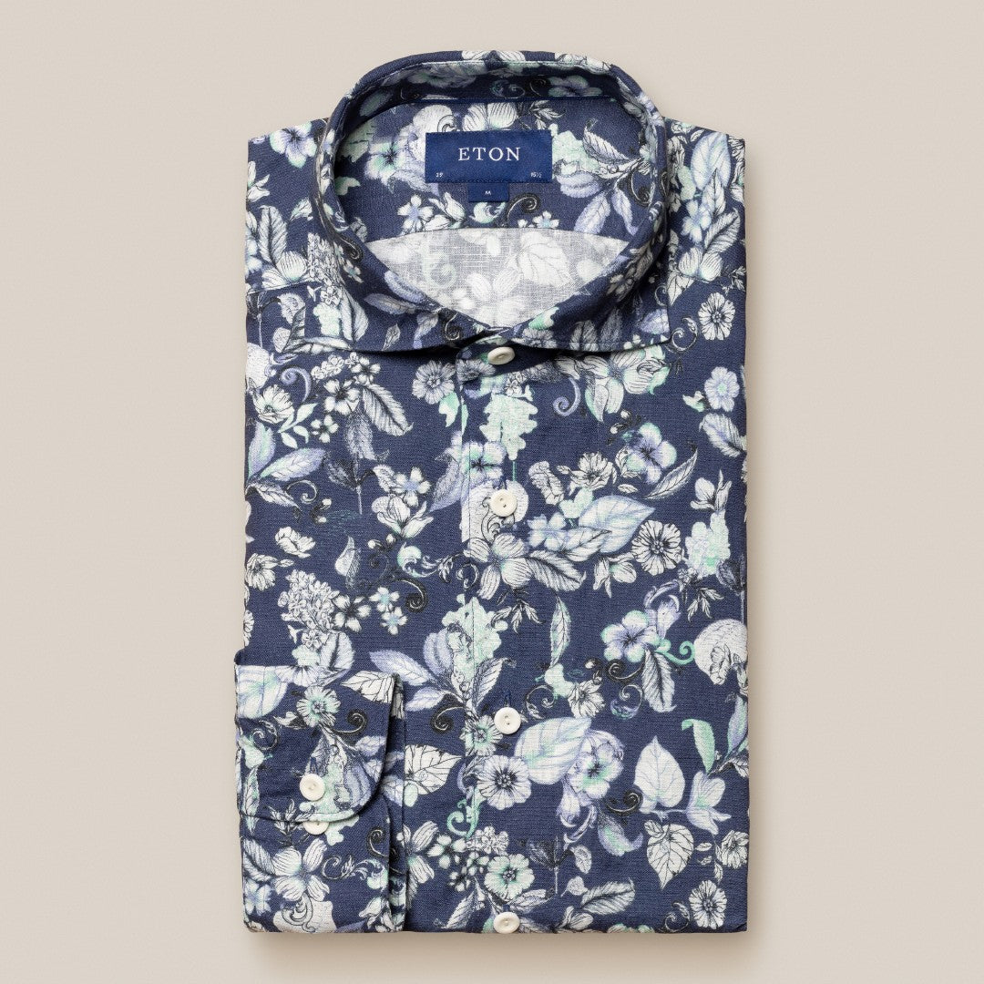 Eton Slim Fit Floral Knitted Shirt Navy Blue/White-MALFORD OF LONDON SAVILE ROW MENSWEAR OUTLET