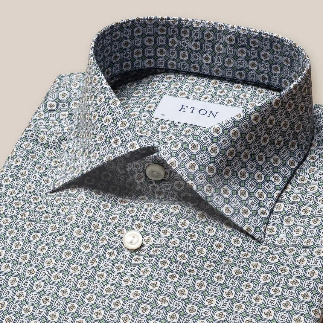 Eton Slim Fit Floral Mosaic Shirt Mid Green/Navy-MALFORD OF LONDON SAVILE ROW MENSWEAR OUTLET