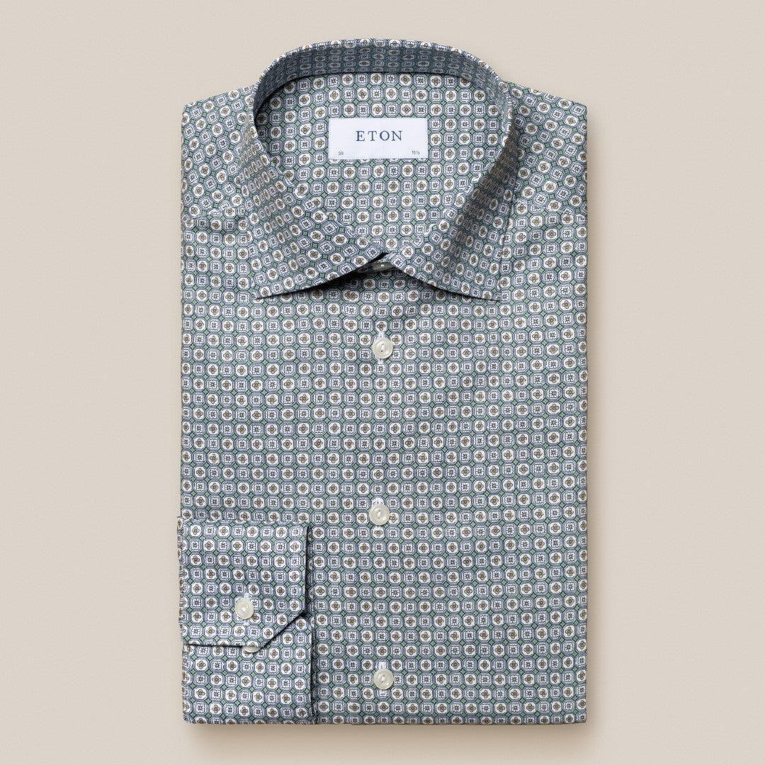 Eton Slim Fit Floral Mosaic Shirt Mid Green/Navy-MALFORD OF LONDON SAVILE ROW MENSWEAR OUTLET