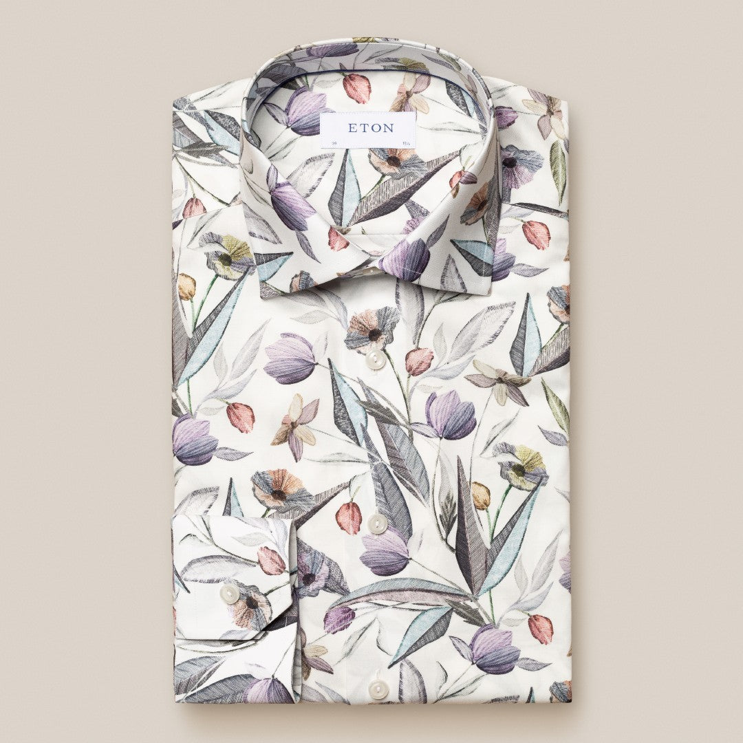 Eton Slim Fit Floral Print Shirt White-MALFORD OF LONDON SAVILE ROW MENSWEAR OUTLET