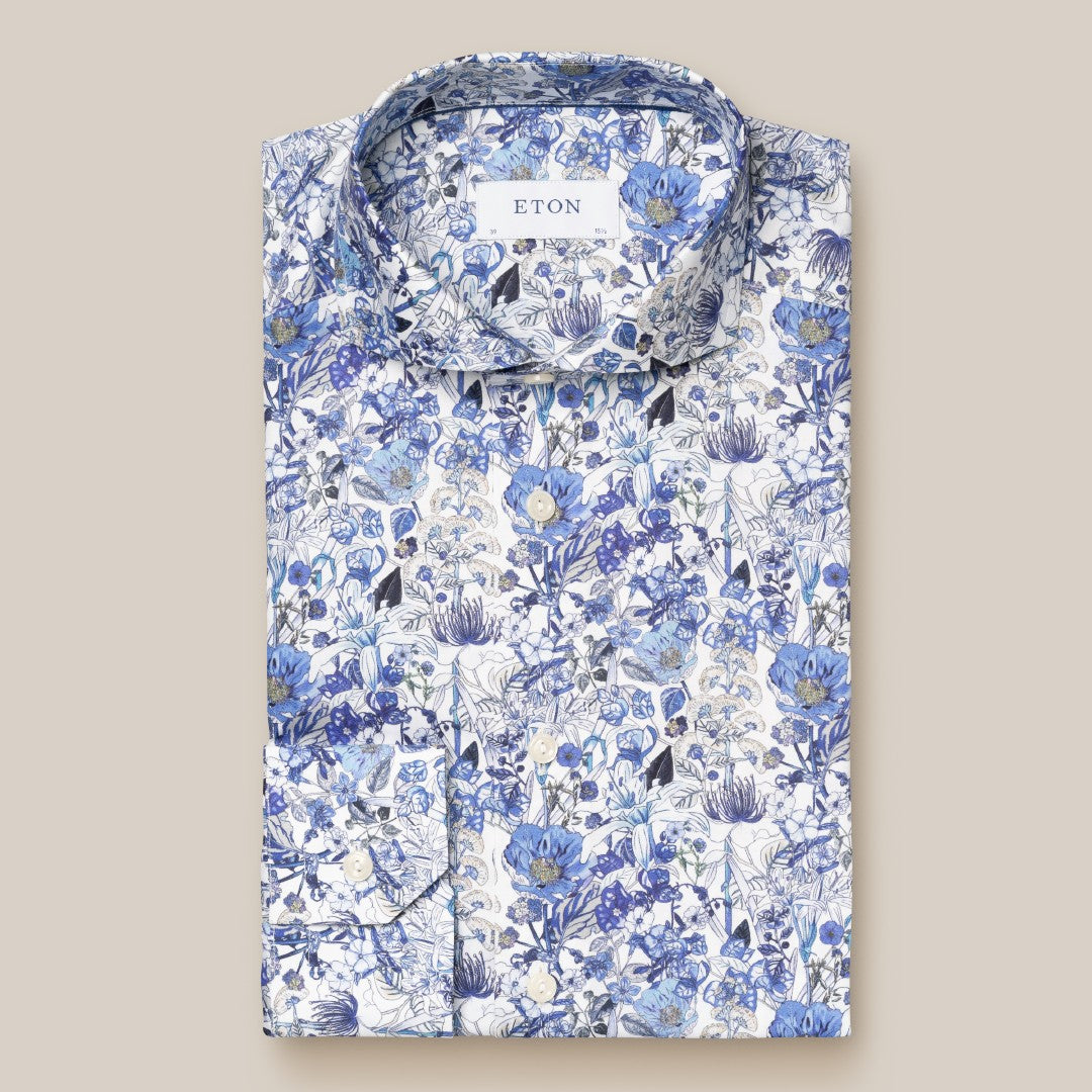 Eton Slim Fit Floral Signature Twill Shirt Mid Blue/White-MALFORD OF LONDON SAVILE ROW MENSWEAR OUTLET