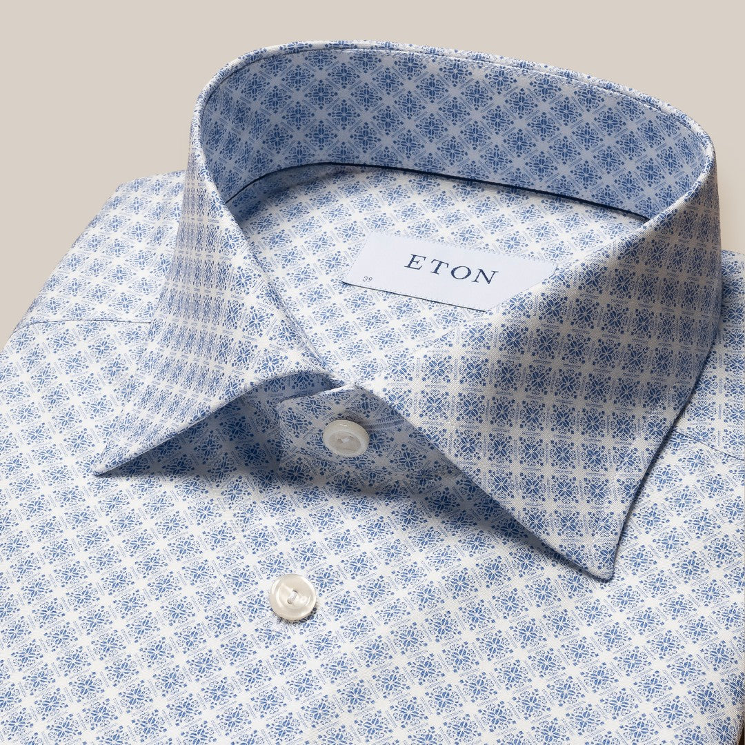 Eton Slim Fit Floral Tile Pattern Shirt Light Blue/White-MALFORD OF LONDON SAVILE ROW MENSWEAR OUTLET