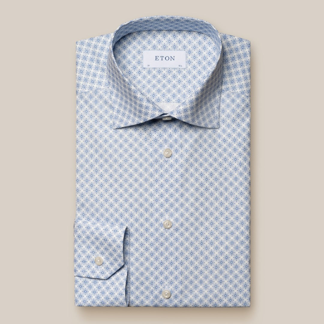 Eton Slim Fit Floral Tile Pattern Shirt Light Blue/White-MALFORD OF LONDON SAVILE ROW MENSWEAR OUTLET