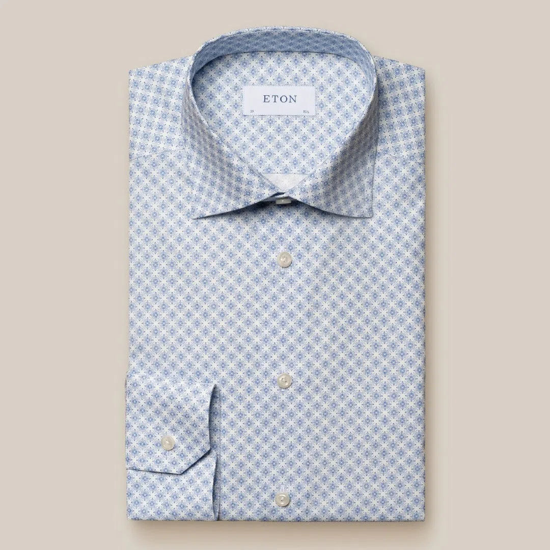 Eton Slim Fit Floral Tile Pattern Shirt Light Blue/White-MALFORD OF LONDON SAVILE ROW MENSWEAR OUTLET