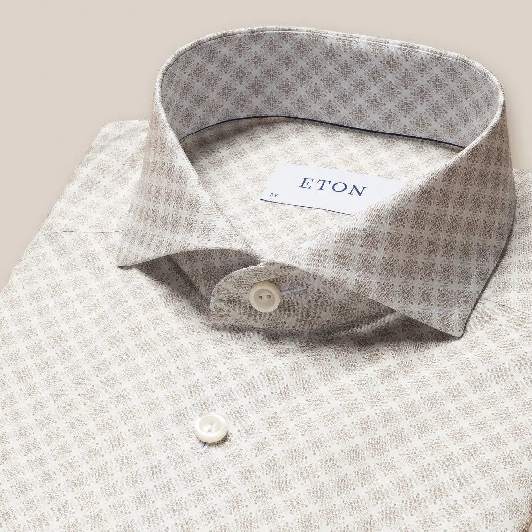 Eton Slim Fit Floral Tile Shirt Beige-MALFORD OF LONDON SAVILE ROW MENSWEAR OUTLET