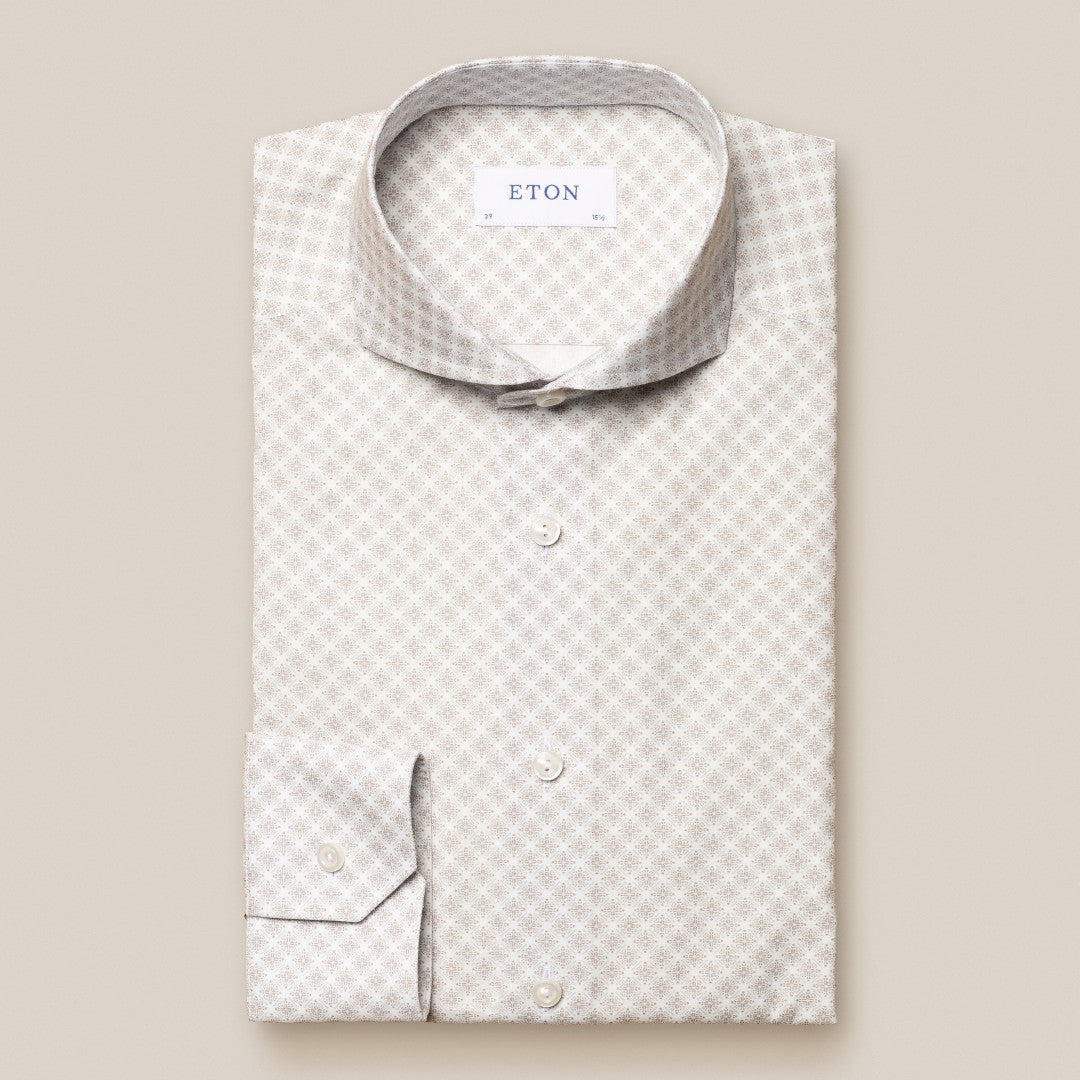 Eton Slim Fit Floral Tile Shirt Beige-MALFORD OF LONDON SAVILE ROW MENSWEAR OUTLET