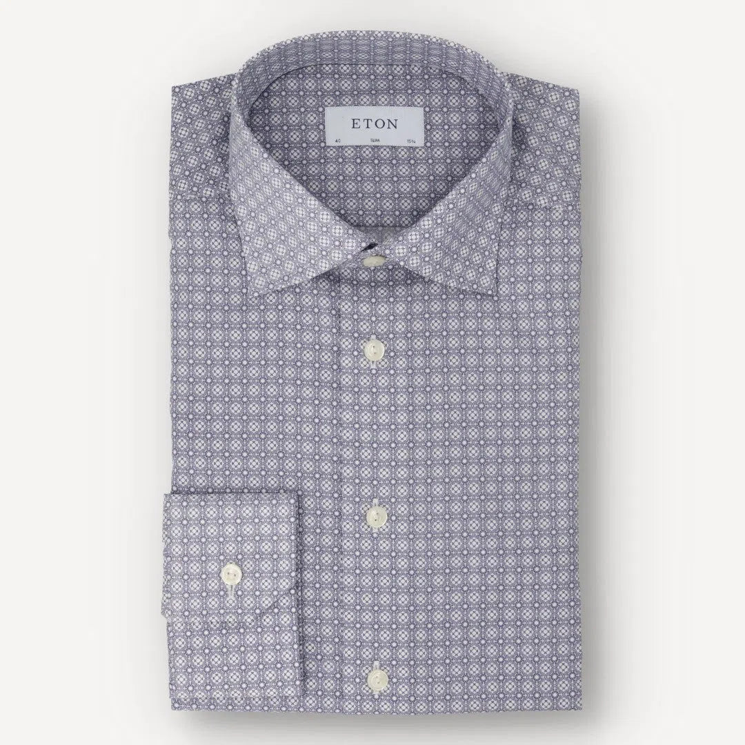 Eton Slim Fit Floral Tile Shirt Mid Blue-MALFORD OF LONDON SAVILE ROW MENSWEAR OUTLET