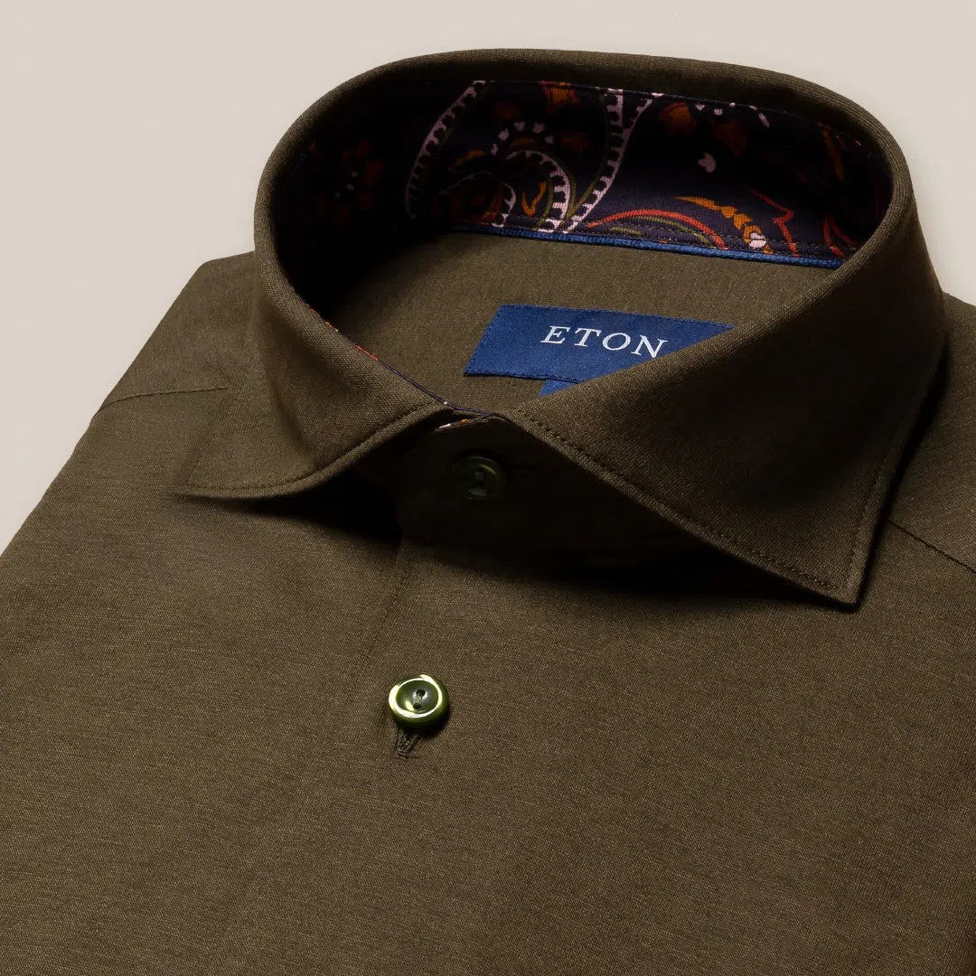 Eton Slim Fit Floral Trim Shirt Dark Green-MALFORD OF LONDON SAVILE ROW MENSWEAR OUTLET