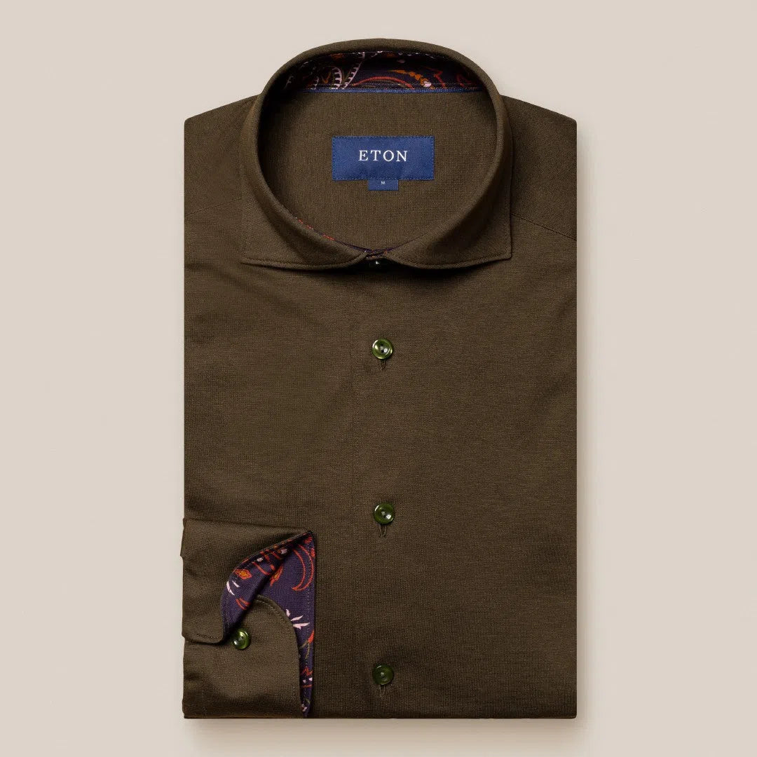 Eton Slim Fit Floral Trim Shirt Dark Green-MALFORD OF LONDON SAVILE ROW MENSWEAR OUTLET