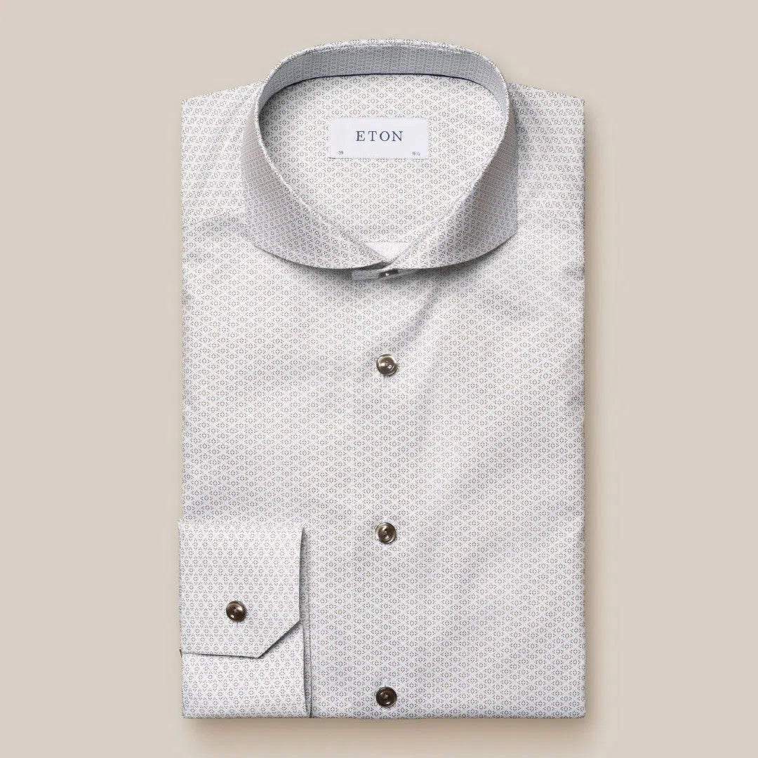 Eton Slim Fit Geometric Pattern Shirt Beige-MALFORD OF LONDON SAVILE ROW MENSWEAR OUTLET