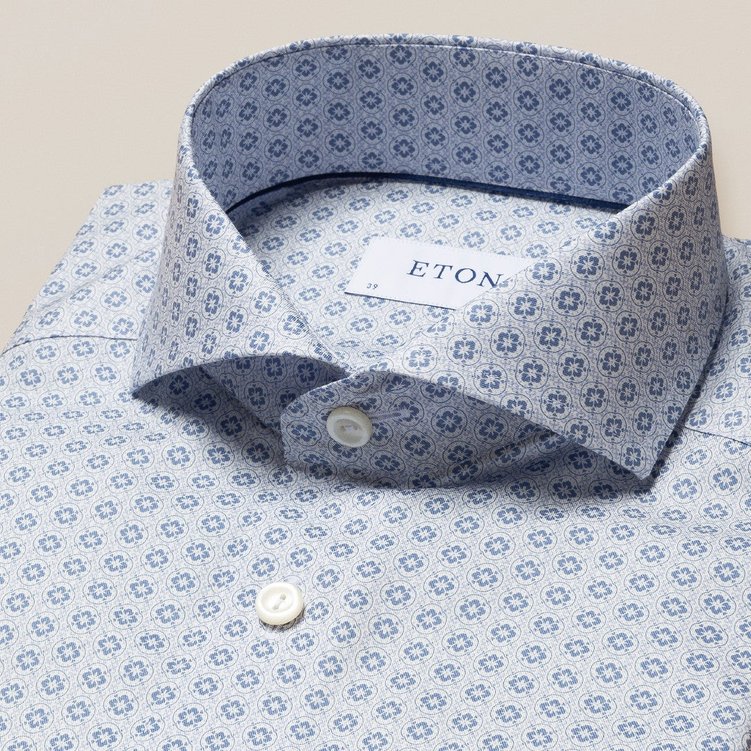 Eton Slim Fit Geometric Print Shirt Light Blue-MALFORD OF LONDON SAVILE ROW MENSWEAR OUTLET