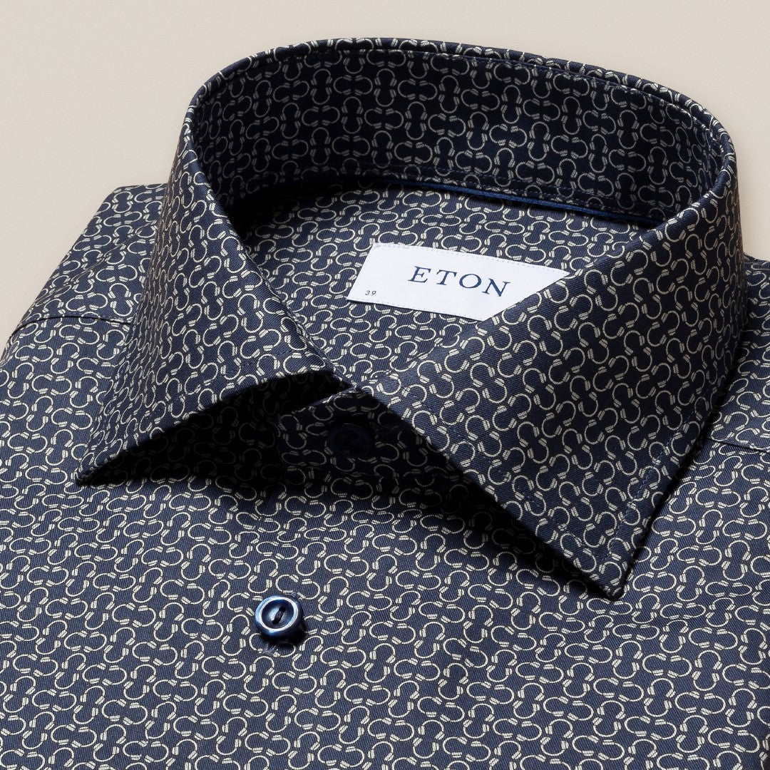 Eton Slim Fit Geometric Print Signature Twill Shirt Navy Blue-MALFORD OF LONDON SAVILE ROW MENSWEAR OUTLET