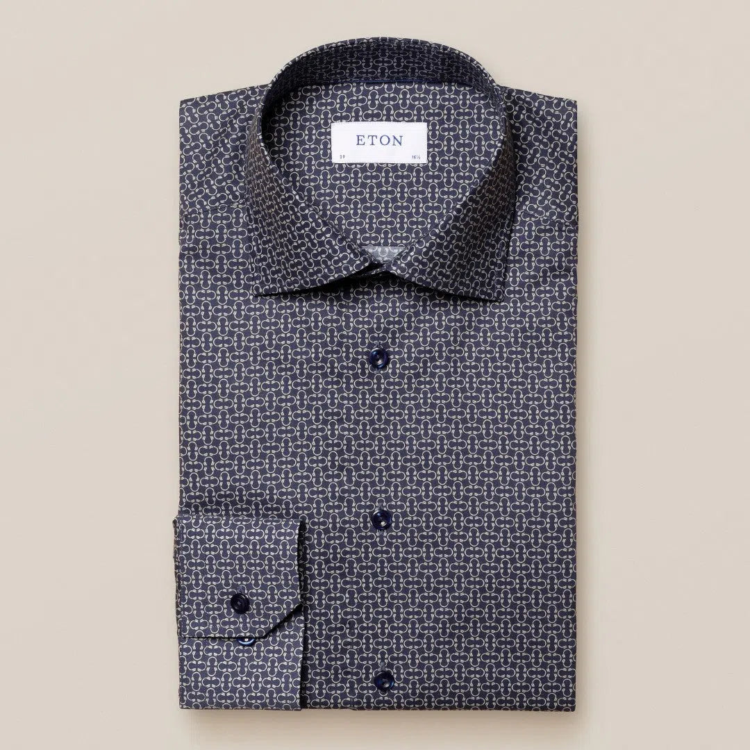 Eton Slim Fit Geometric Print Signature Twill Shirt Navy Blue-MALFORD OF LONDON SAVILE ROW MENSWEAR OUTLET