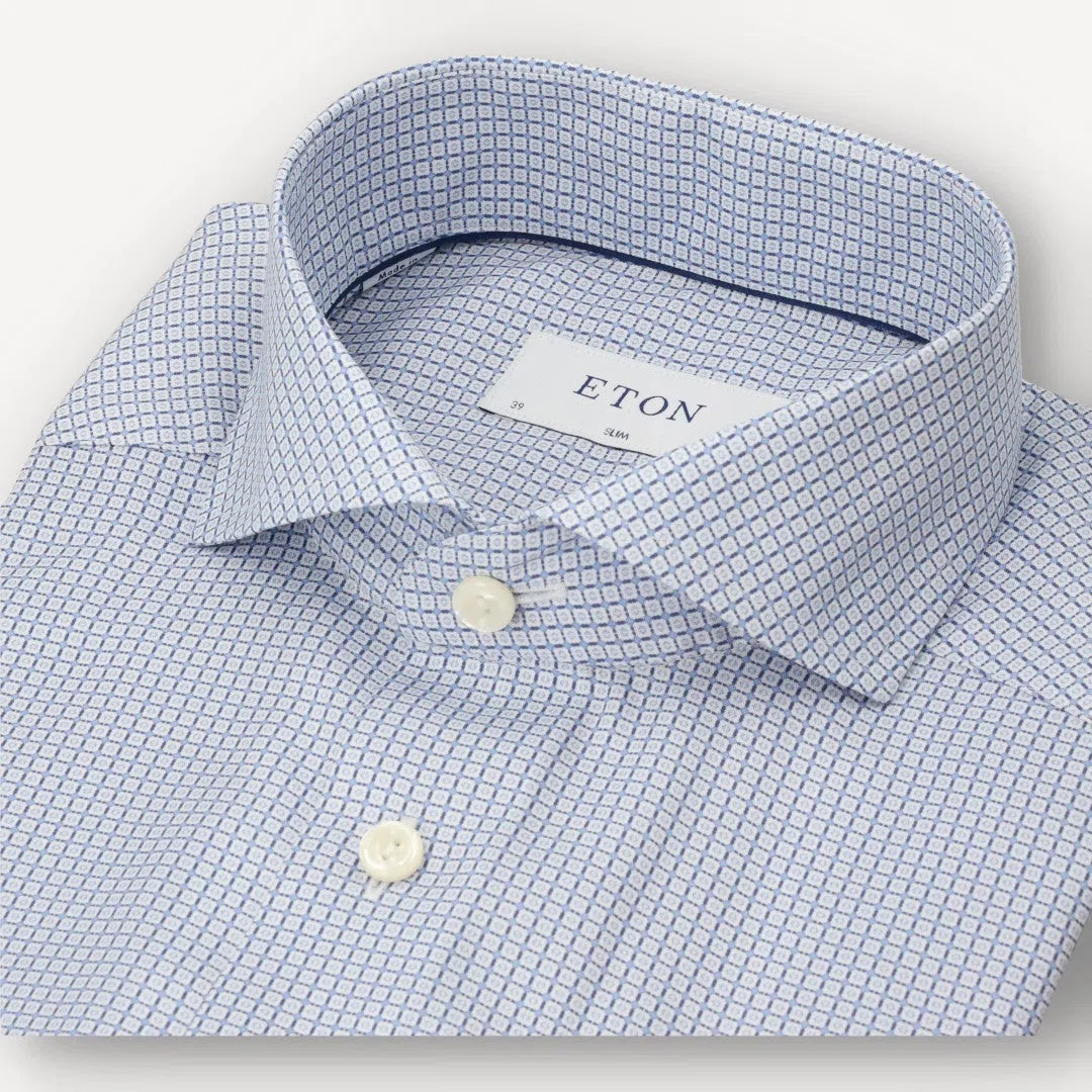 Eton Slim Fit Geometric Tile Shirt Light Blue-MALFORD OF LONDON SAVILE ROW MENSWEAR OUTLET