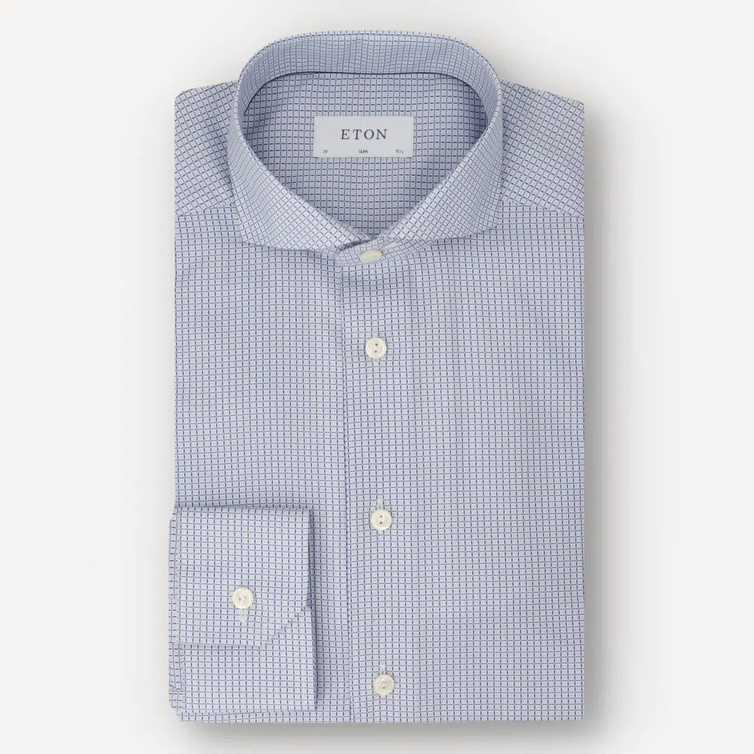 Eton Slim Fit Geometric Tile Shirt Light Blue-MALFORD OF LONDON SAVILE ROW MENSWEAR OUTLET