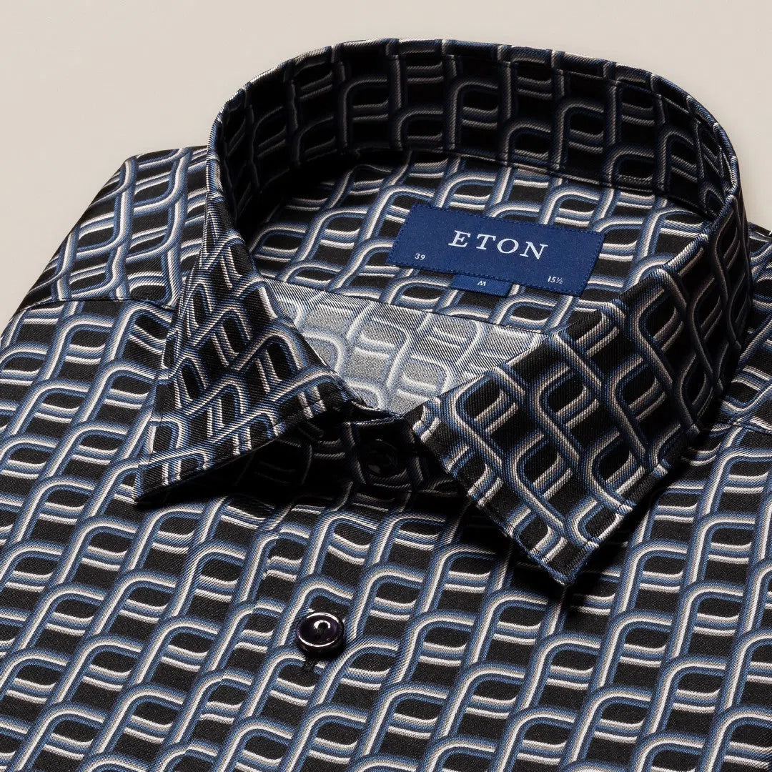 Eton Slim Fit Geometric Twist Twill Shirt Navy Blue-MALFORD OF LONDON SAVILE ROW MENSWEAR OUTLET