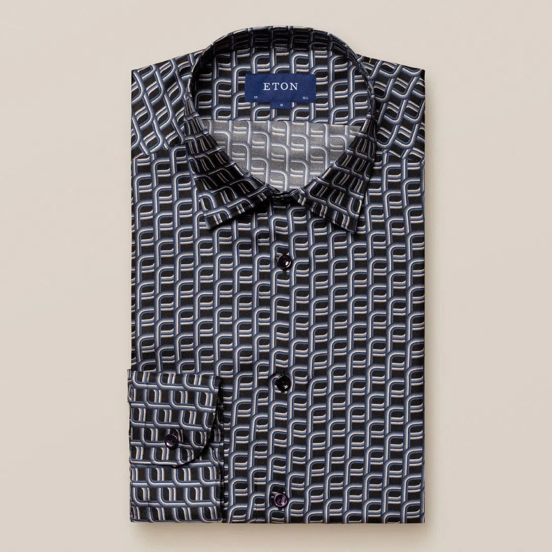 Eton Slim Fit Geometric Twist Twill Shirt Navy Blue-MALFORD OF LONDON SAVILE ROW MENSWEAR OUTLET