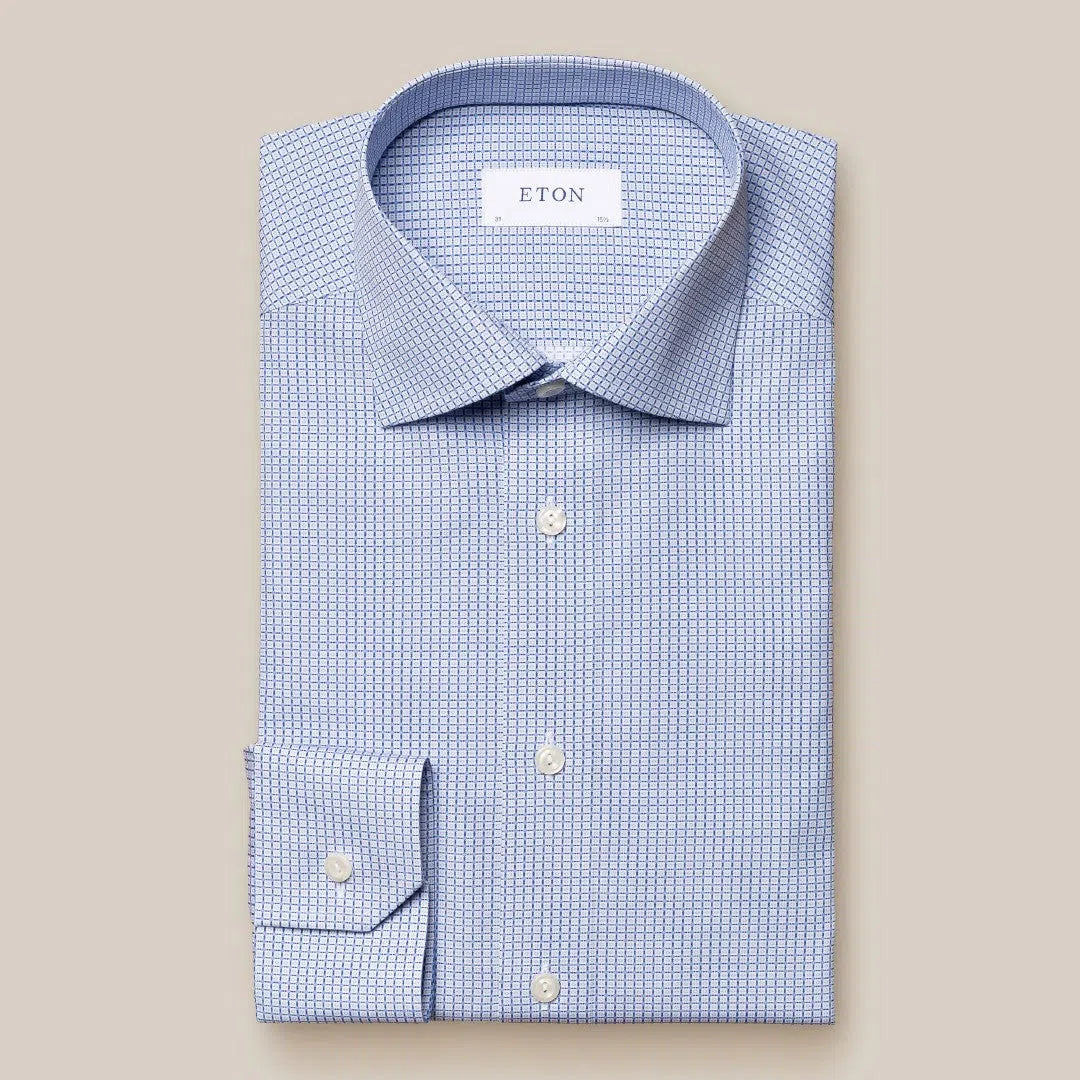 Eton Slim Fit Grid Tile Shirt Light Blue-MALFORD OF LONDON SAVILE ROW MENSWEAR OUTLET