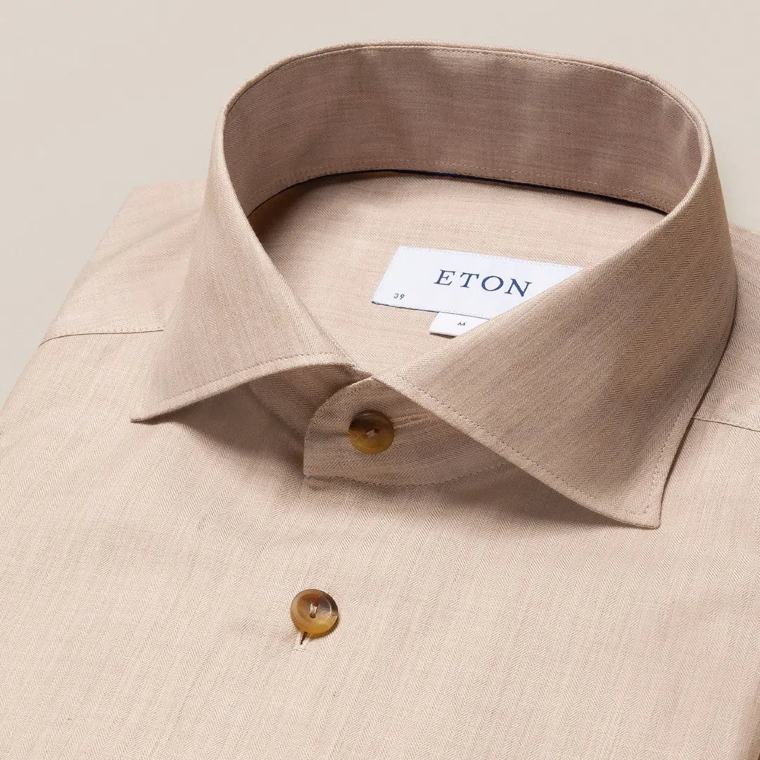 Eton Slim Fit Herringbone Fine Twill Shirt Beige-MALFORD OF LONDON SAVILE ROW MENSWEAR OUTLET