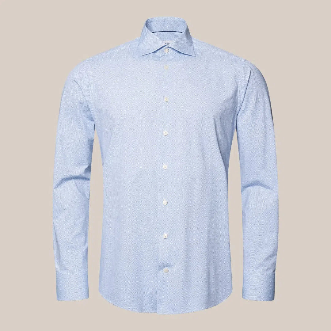 Eton Slim Fit Herringbone Shirt Light Blue/White-MALFORD OF LONDON SAVILE ROW MENSWEAR OUTLET