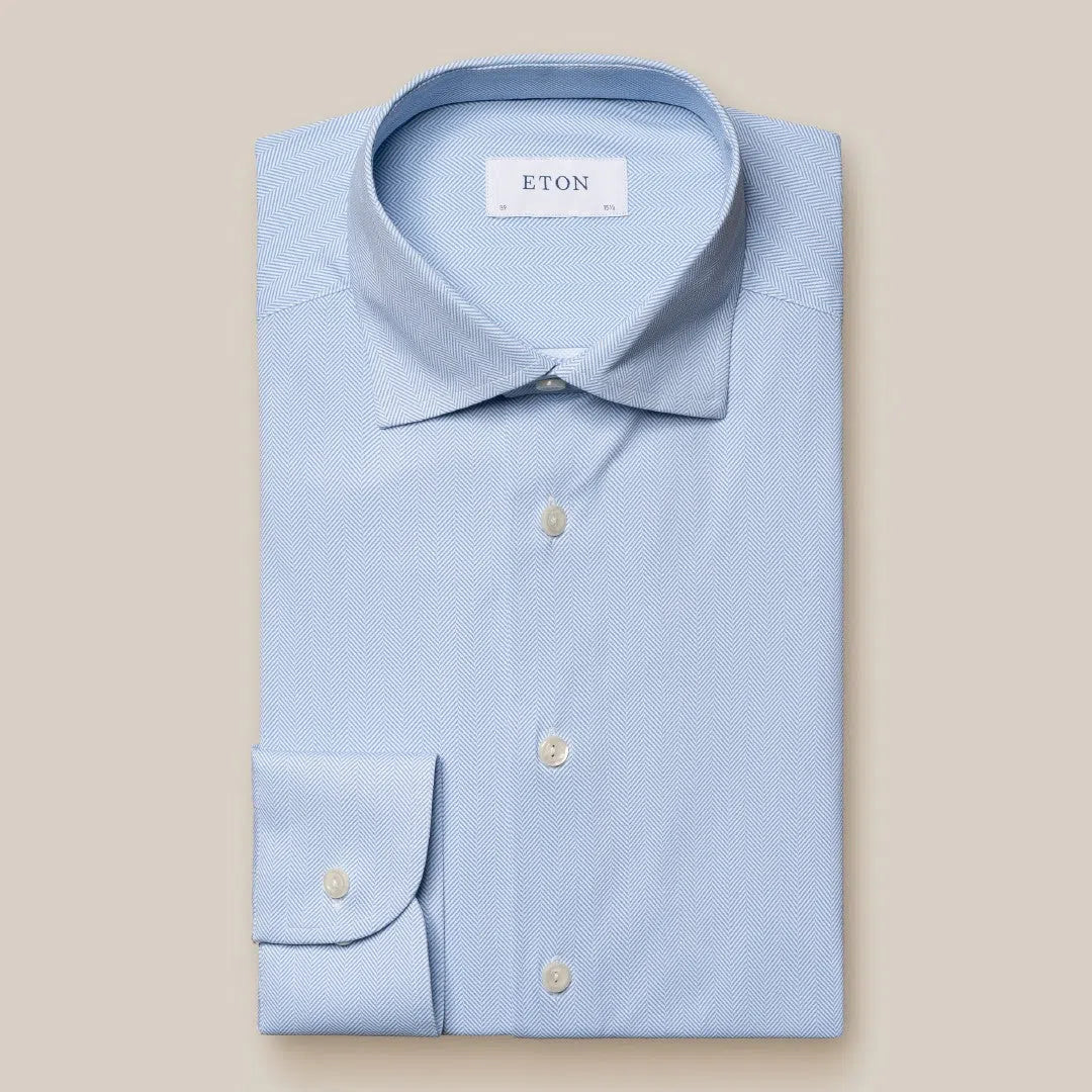 Eton Slim Fit Herringbone Shirt Light Blue/White-MALFORD OF LONDON SAVILE ROW MENSWEAR OUTLET