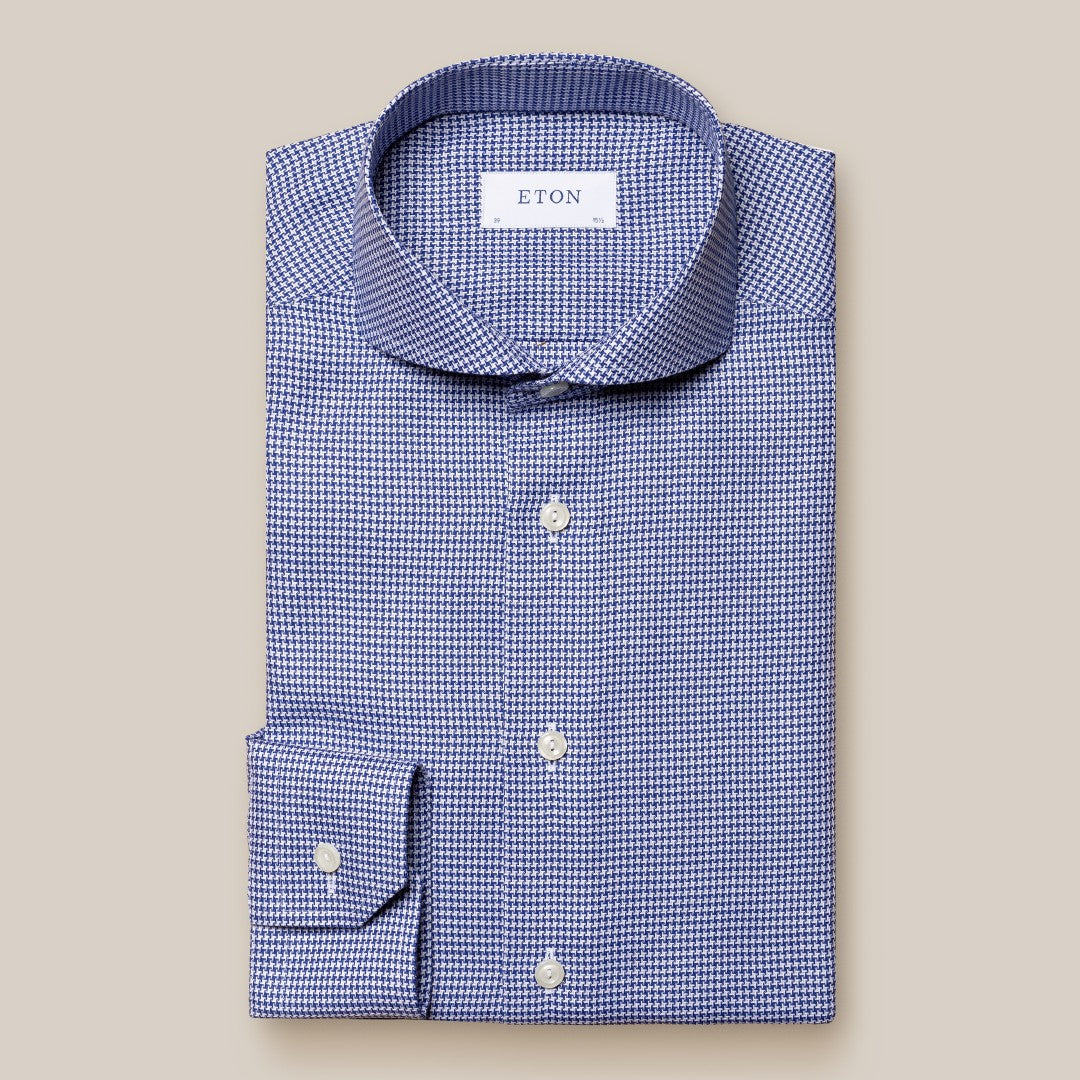 Eton Slim Fit Houndstooth Shirt Dark Blue/White-MALFORD OF LONDON SAVILE ROW MENSWEAR OUTLET