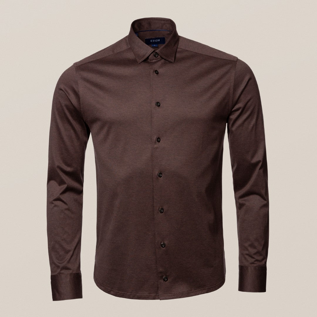 Eton Slim Fit Knitted Shirt Brown-MALFORD OF LONDON SAVILE ROW MENSWEAR OUTLET