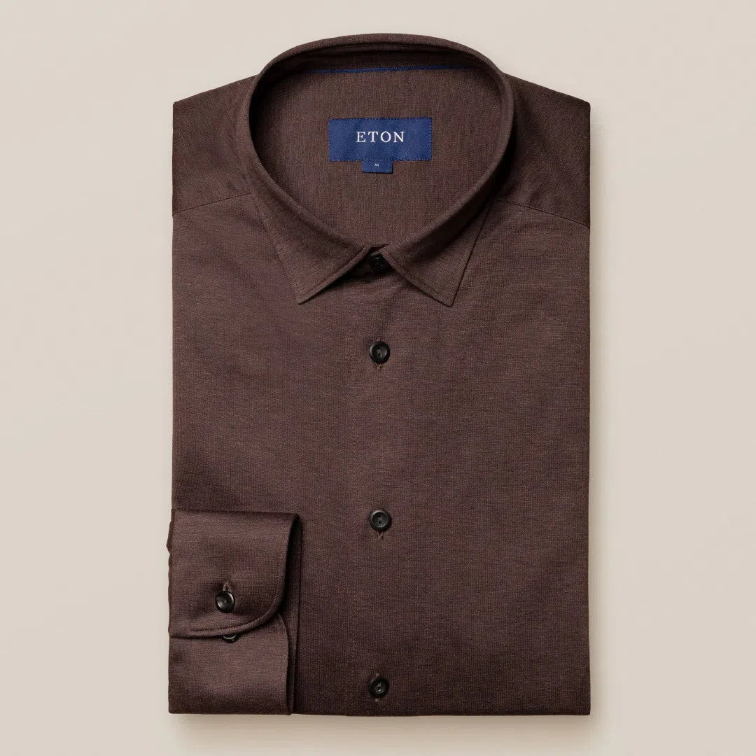 Eton Slim Fit Knitted Shirt Brown-MALFORD OF LONDON SAVILE ROW MENSWEAR OUTLET