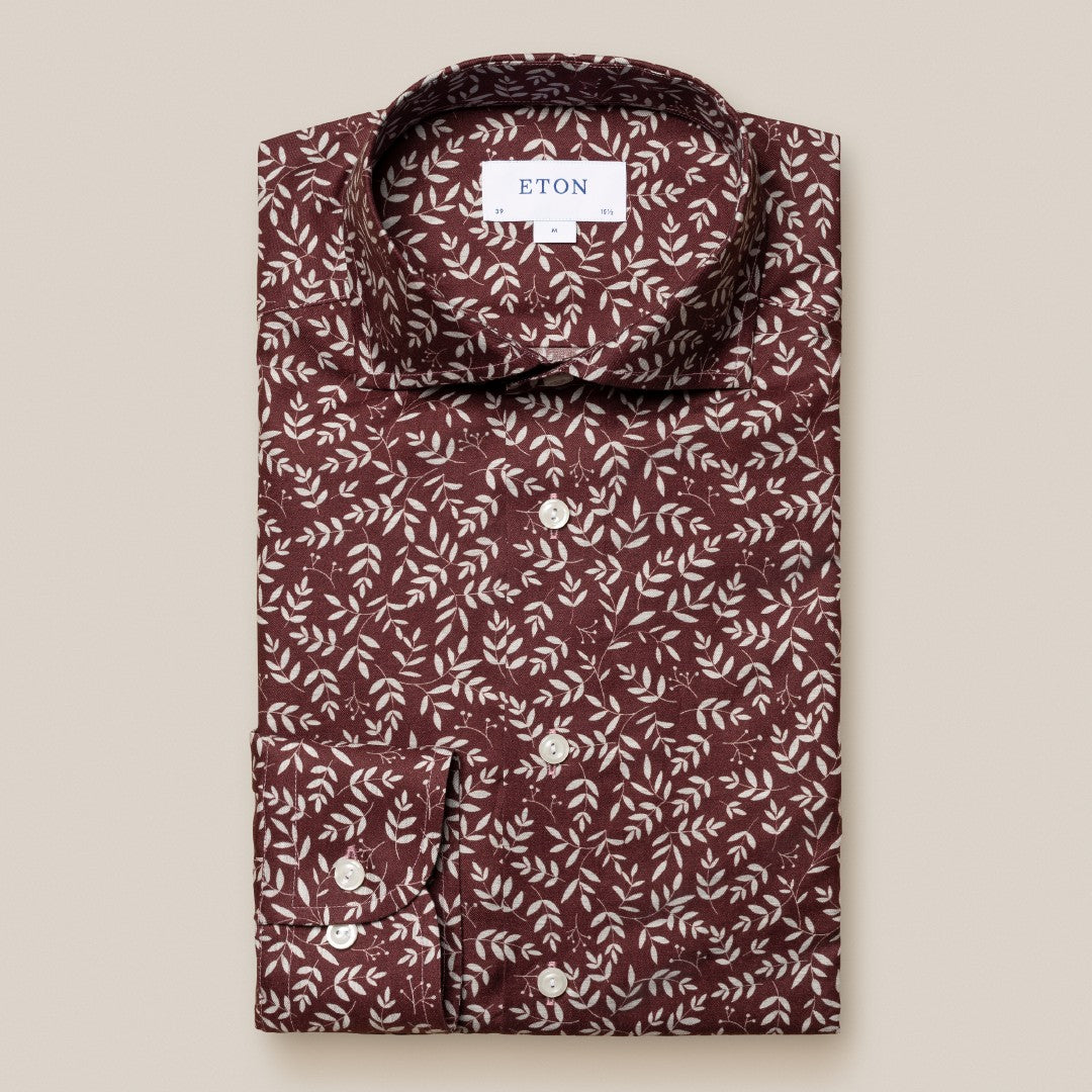 Eton Slim Fit Leaf Print Fine Twill Shirt Maroon-MALFORD OF LONDON SAVILE ROW MENSWEAR OUTLET