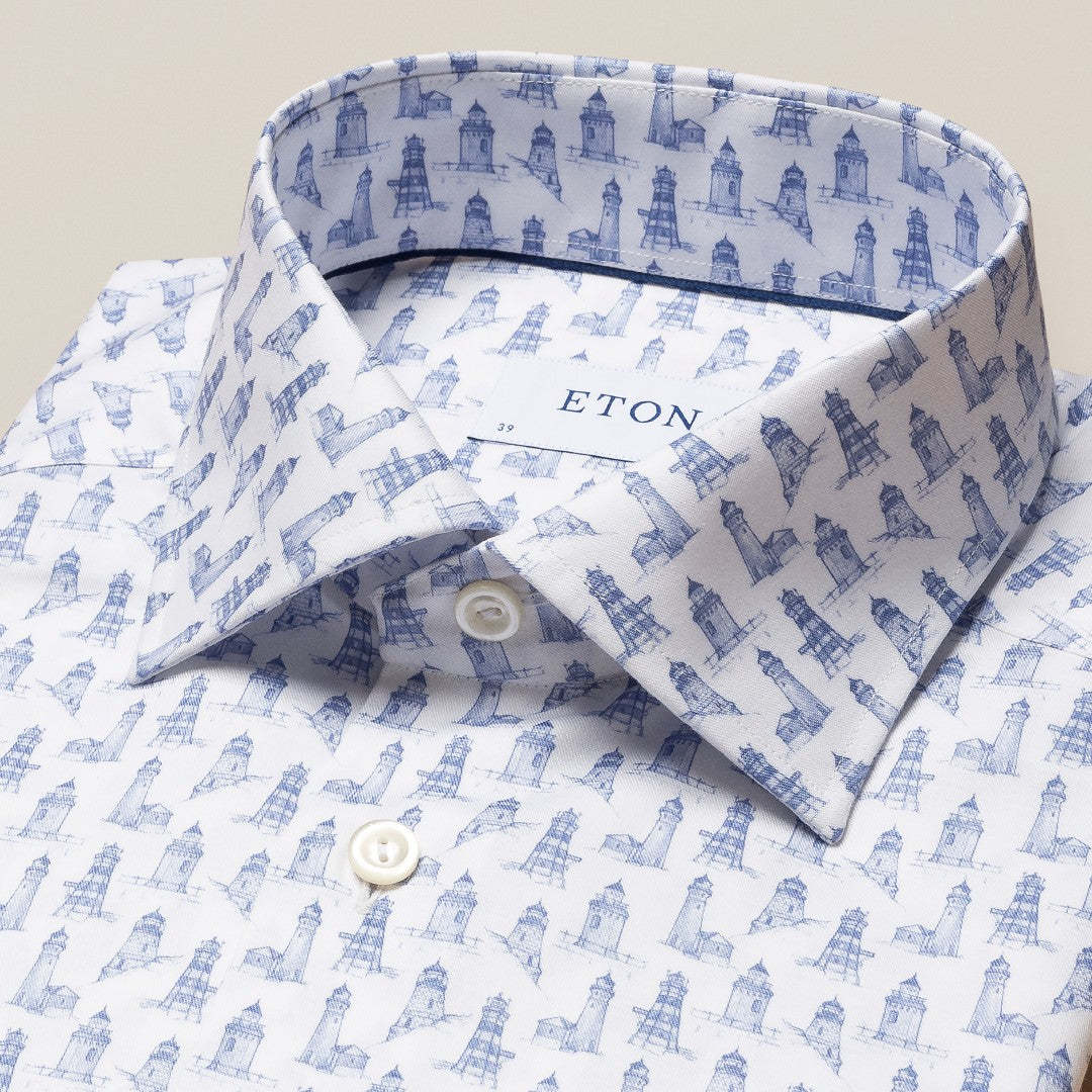 Eton Slim Fit Lighthouse Print Shirt Mid Blue-MALFORD OF LONDON SAVILE ROW MENSWEAR OUTLET