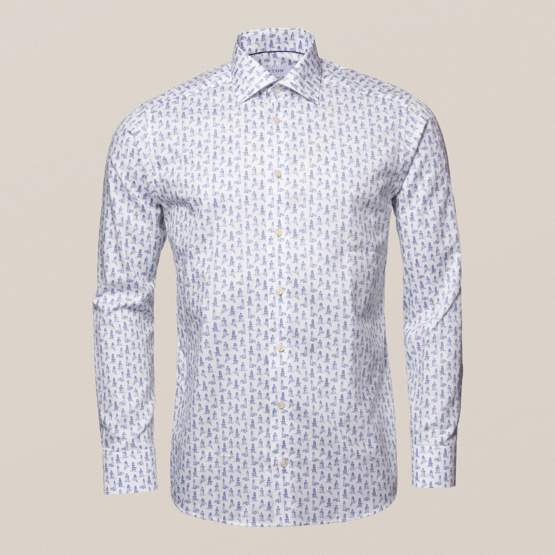 Eton Slim Fit Lighthouse Print Shirt Mid Blue-MALFORD OF LONDON SAVILE ROW MENSWEAR OUTLET