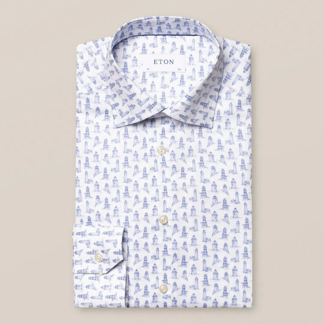 Eton Slim Fit Lighthouse Print Shirt Mid Blue-MALFORD OF LONDON SAVILE ROW MENSWEAR OUTLET