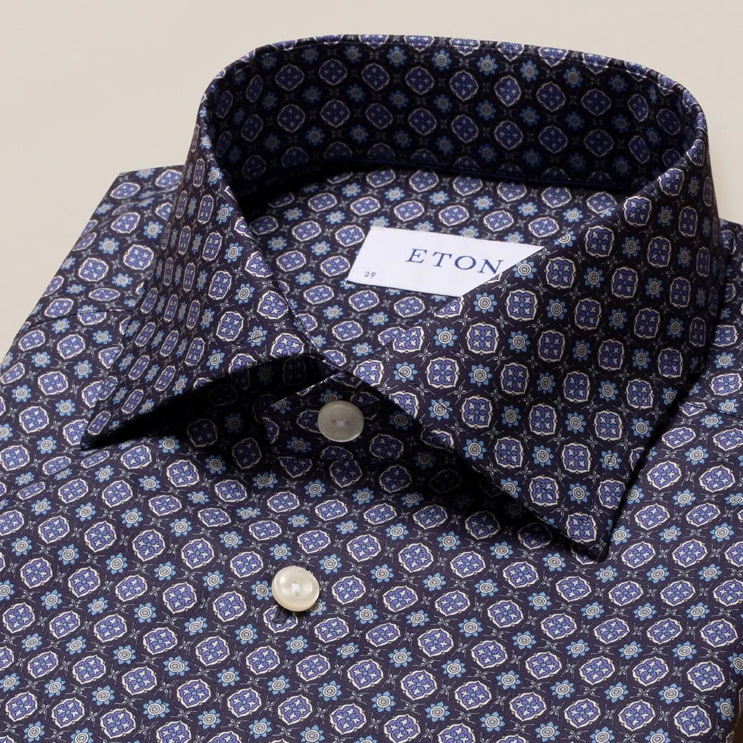 Eton Slim Fit Medallion Print Fine Twill Shirt Mid Blue-MALFORD OF LONDON SAVILE ROW MENSWEAR OUTLET