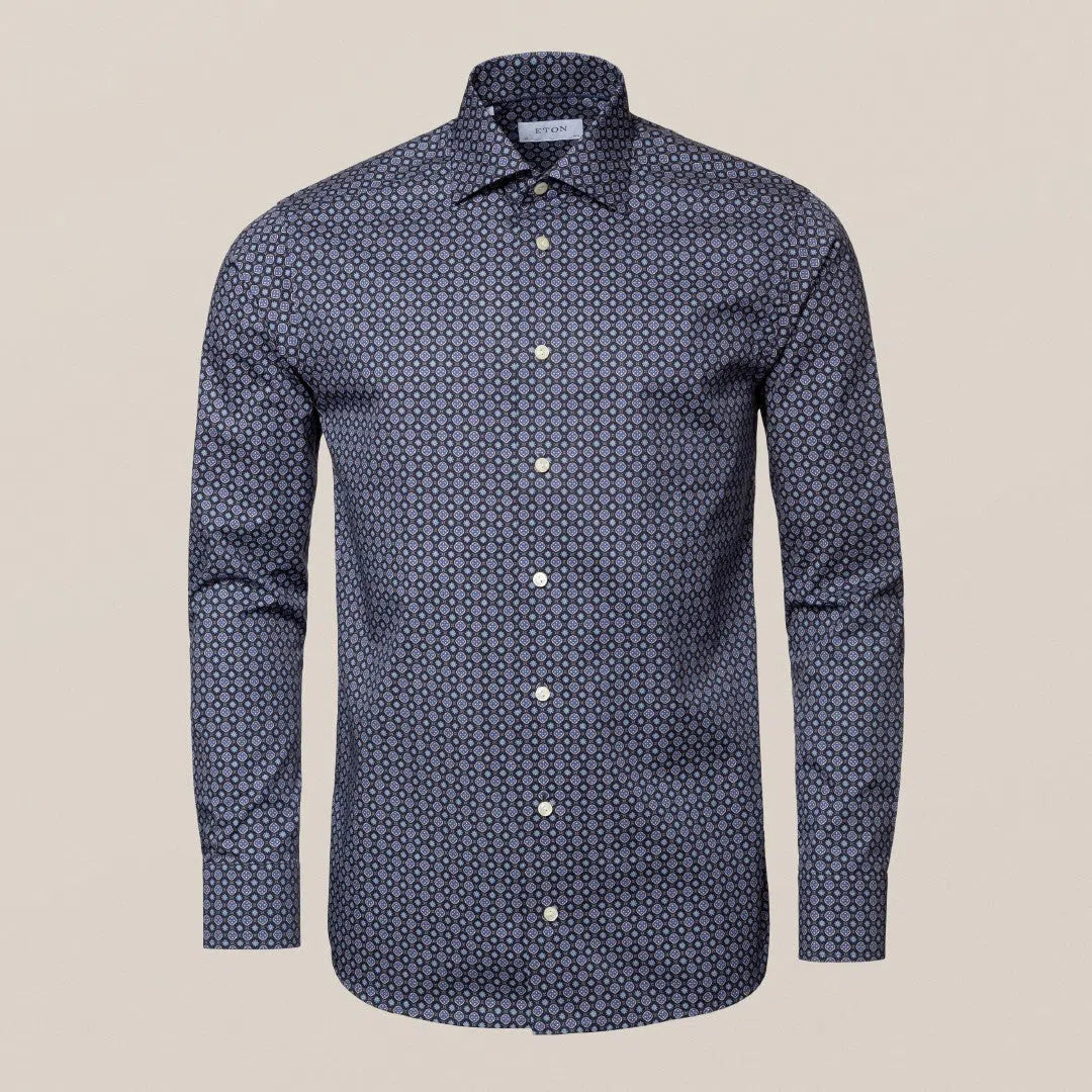 Eton Slim Fit Medallion Print Fine Twill Shirt Mid Blue-MALFORD OF LONDON SAVILE ROW MENSWEAR OUTLET