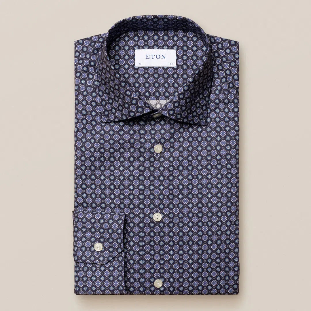 Eton Slim Fit Medallion Print Fine Twill Shirt Mid Blue-MALFORD OF LONDON SAVILE ROW MENSWEAR OUTLET