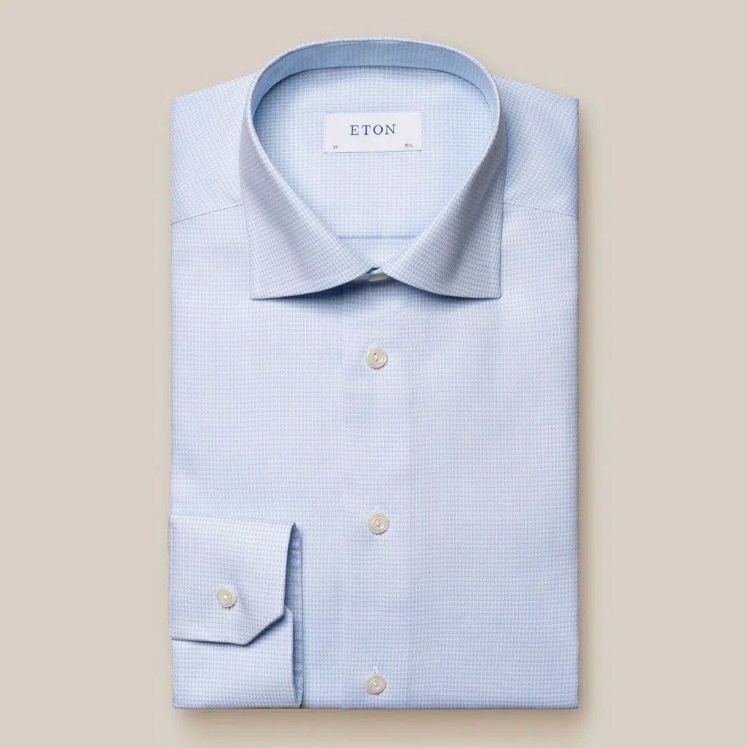 Eton Slim Fit Micro Check Twill Shirt Light Blue/White-MALFORD OF LONDON SAVILE ROW MENSWEAR OUTLET