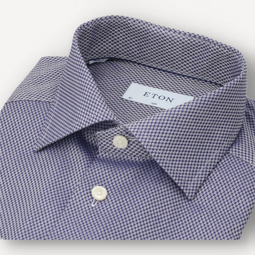 Eton Slim Fit Micro Geometric Pattern Shirt Navy Blue-MALFORD OF LONDON SAVILE ROW MENSWEAR OUTLET