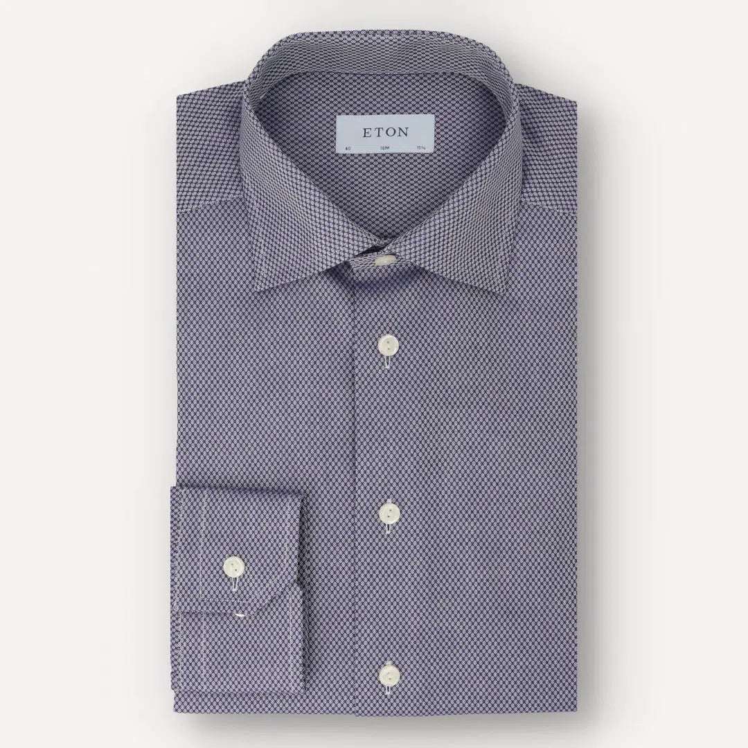 Eton Slim Fit Micro Geometric Pattern Shirt Navy Blue-MALFORD OF LONDON SAVILE ROW MENSWEAR OUTLET