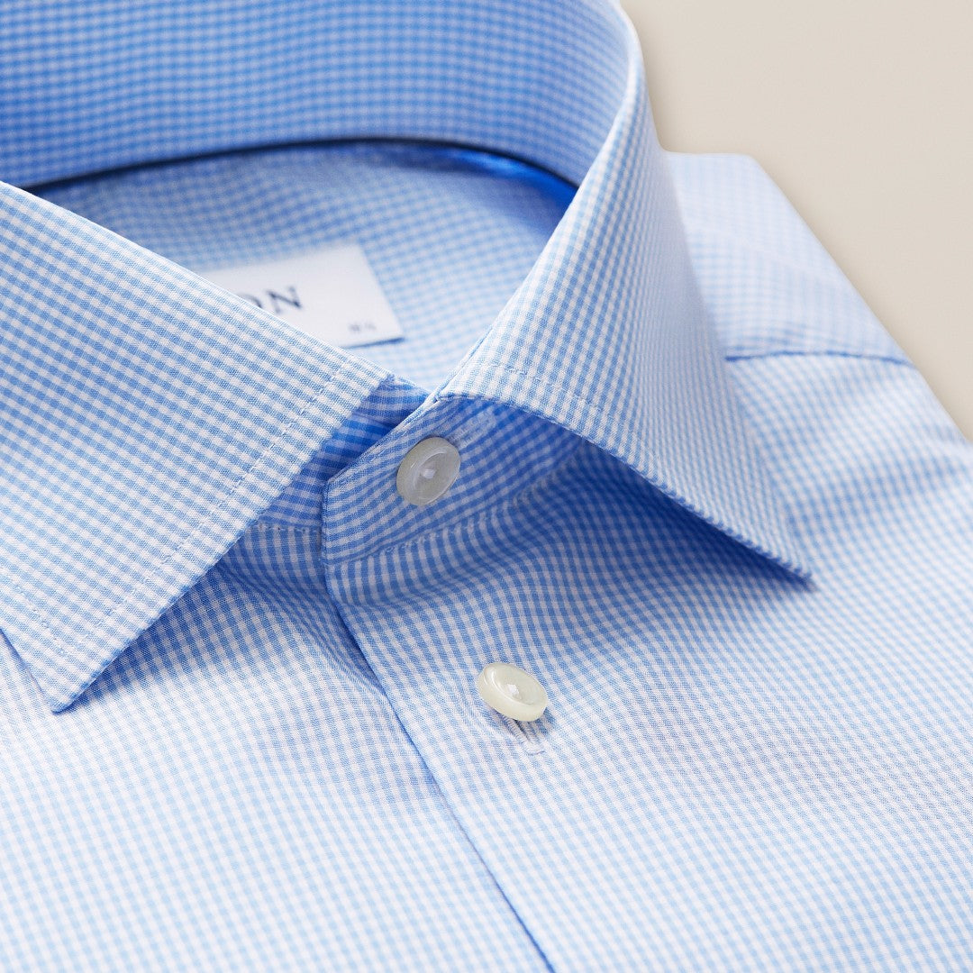 Eton Slim Fit Micro Gingham Shirt Light Blue/White-MALFORD OF LONDON SAVILE ROW MENSWEAR OUTLET