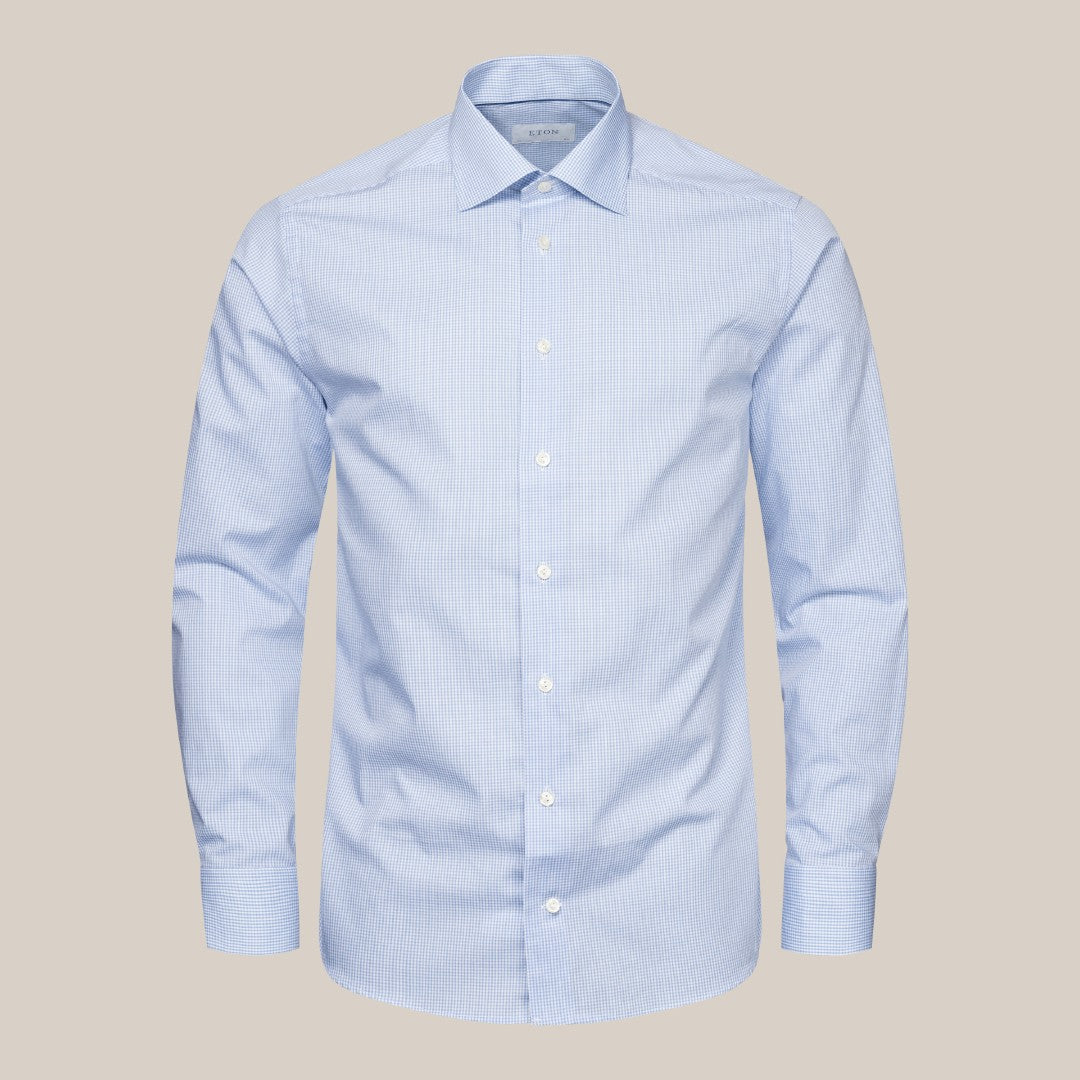 Eton Slim Fit Micro Gingham Shirt Light Blue/White-MALFORD OF LONDON SAVILE ROW MENSWEAR OUTLET