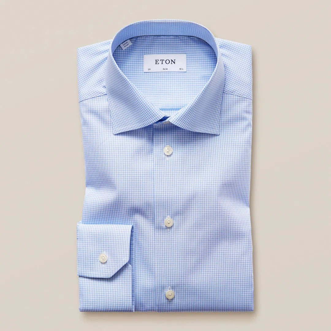 Eton Slim Fit Micro Gingham Shirt Light Blue/White-MALFORD OF LONDON SAVILE ROW MENSWEAR OUTLET