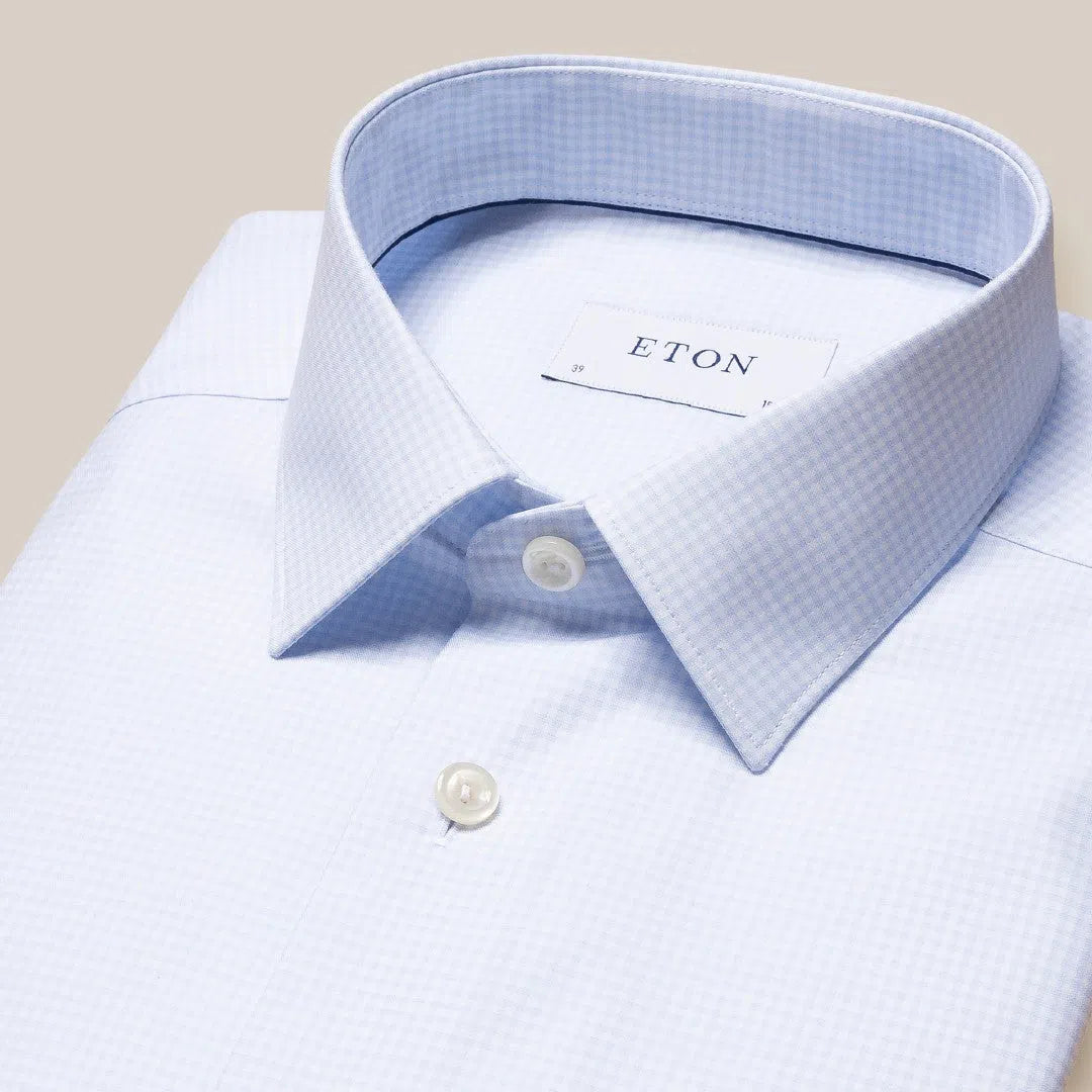 Eton Slim Fit Micro Graph Check Shirt Light Blue/White-MALFORD OF LONDON SAVILE ROW MENSWEAR OUTLET