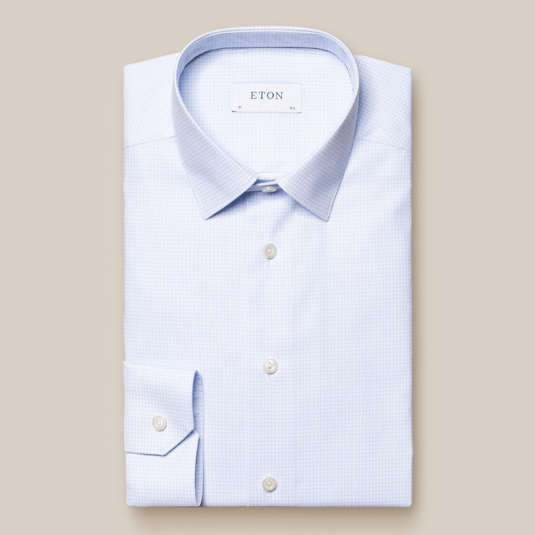 Eton Slim Fit Micro Graph Check Shirt Light Blue/White-MALFORD OF LONDON SAVILE ROW MENSWEAR OUTLET