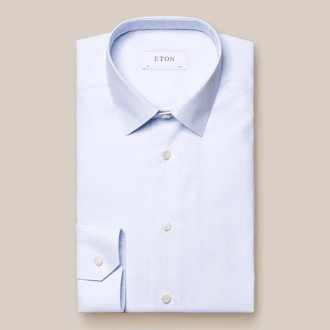 Eton Slim Fit Micro Graph Check Shirt Light Blue/White-MALFORD OF LONDON SAVILE ROW MENSWEAR OUTLET