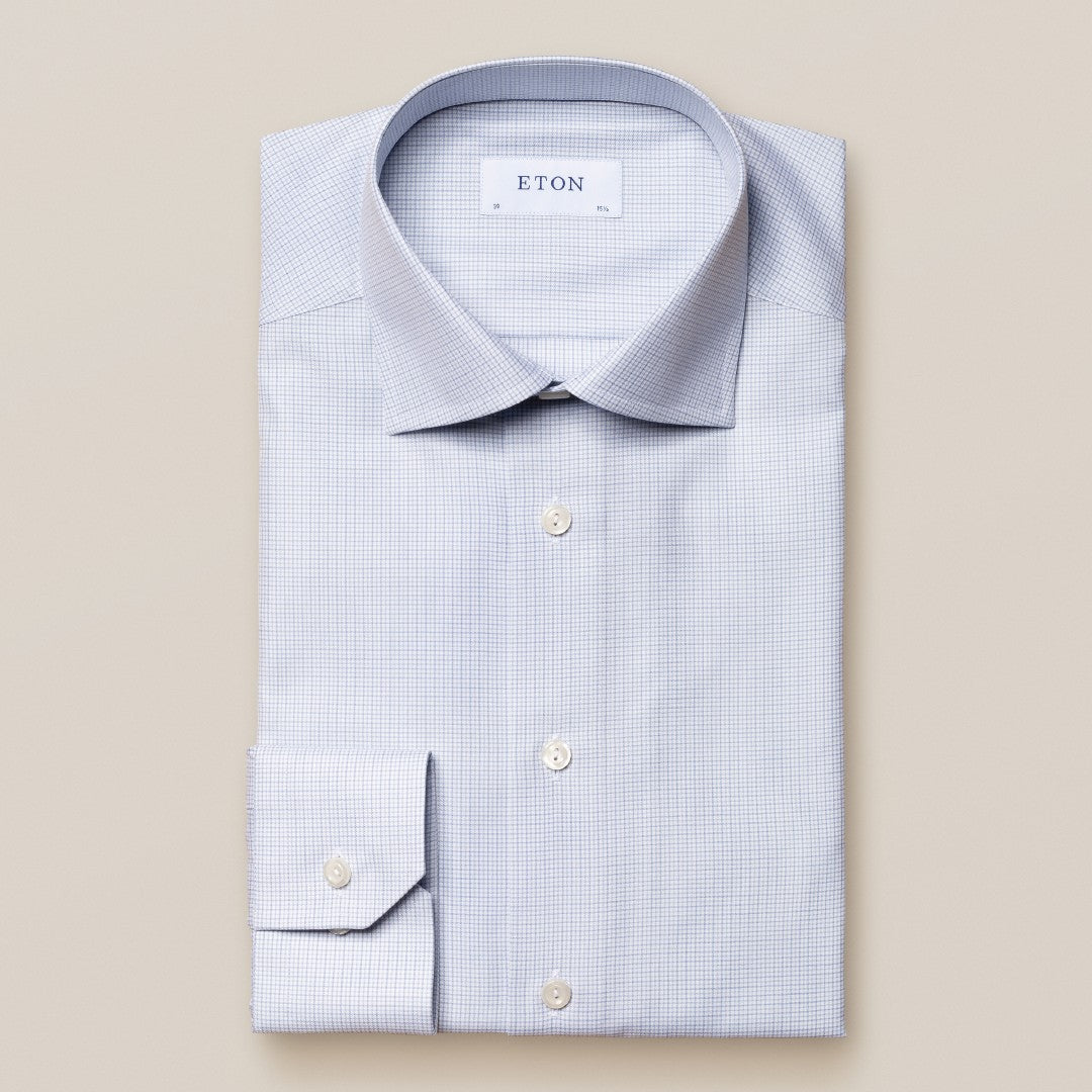 Eton Slim Fit Micro Grid Check Shirt Light Blue-MALFORD OF LONDON SAVILE ROW MENSWEAR OUTLET