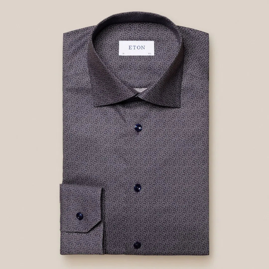 Eton Slim Fit Micro Leaf Pattern Shirt Navy Blue-MALFORD OF LONDON SAVILE ROW MENSWEAR OUTLET