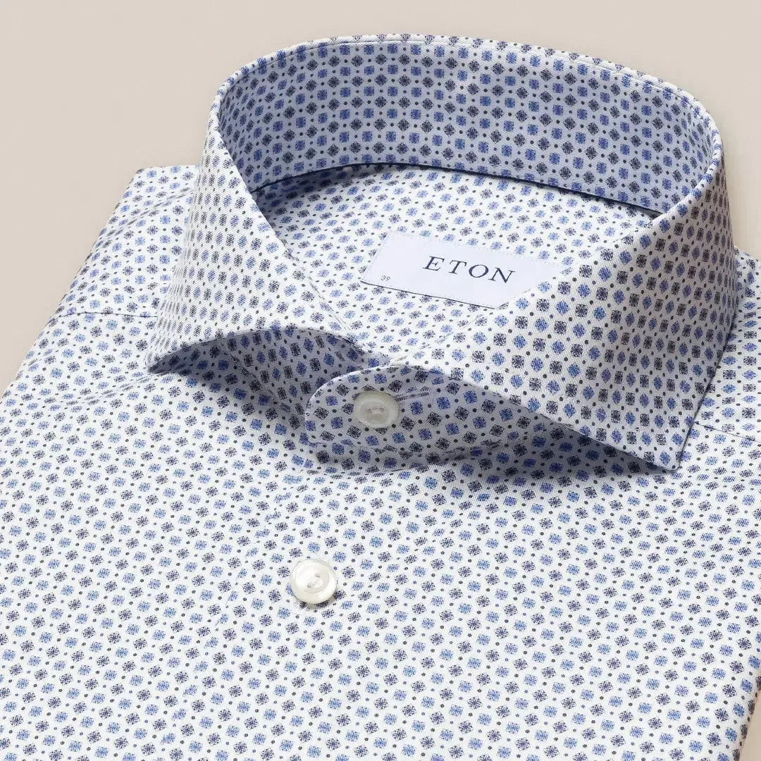 Eton Slim Fit Mini Floral Tile Pattern Shirt Mid Blue-MALFORD OF LONDON SAVILE ROW MENSWEAR OUTLET