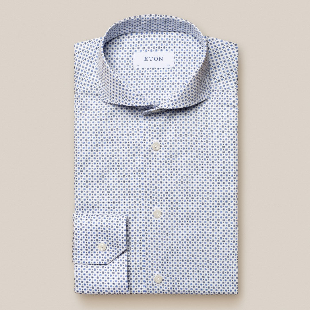 Eton Slim Fit Mini Floral Tile Pattern Shirt Mid Blue-MALFORD OF LONDON SAVILE ROW MENSWEAR OUTLET