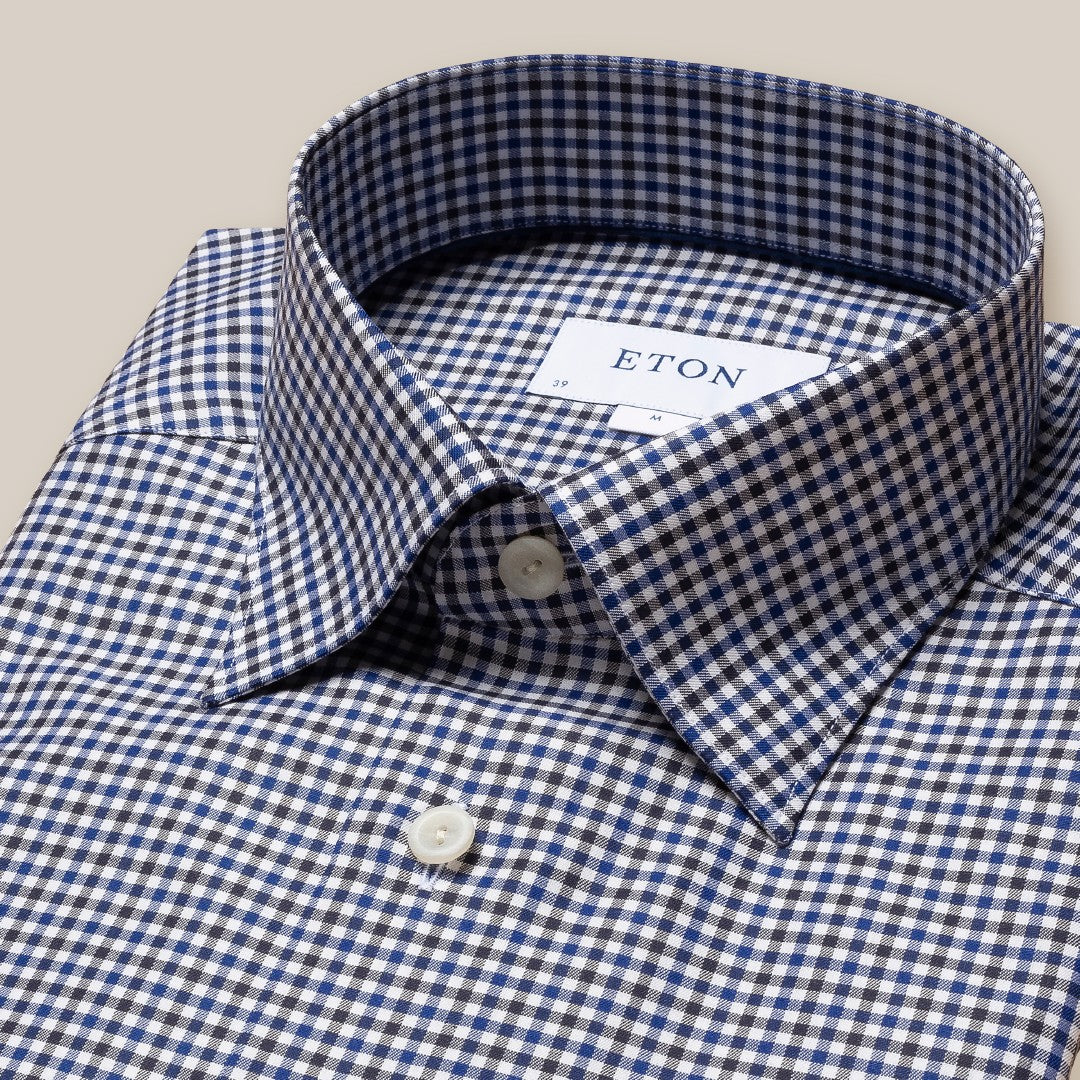 Eton Slim Fit Mini Gingham Shirt Dark Blue/Brown-MALFORD OF LONDON SAVILE ROW MENSWEAR OUTLET